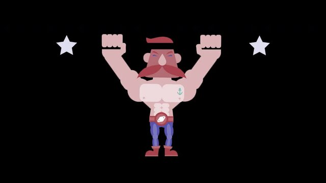 Tough Heavy Strongman character lifting heavy weights gets red. Man with circus moustache does weightlifting. 4k Motion graphics cartoon animation with alpha channel cycle seamless