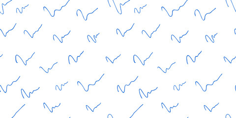 Calligraphy Seamless Pattern with light blue signatures. Hand Drawn Ink Vector Illustration. Handwritten Signs and Abstract Letters Sketch. Print Design for Fabric, Ad, Packaging, Fashion Background.