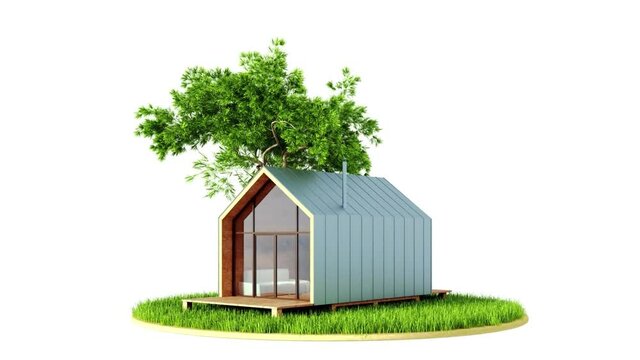 A small eco-friendly tiny wooden barn-style house with large Windows and a fireplace rotates on a green lawn with a tree. Seamless loop 3d render animation on white background.