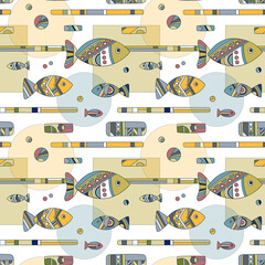 A pattern with geometric shapes and fish on a light background.