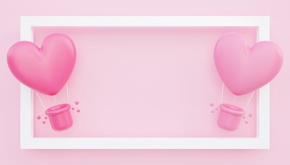 Valentine's day, love concept background, 3D illustration of pink heart shaped hot air balloons floating out of frame with blank space