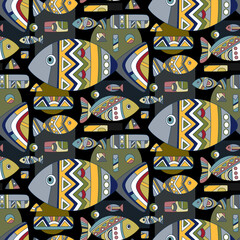 Bright pattern with colored fish. Vector graphics