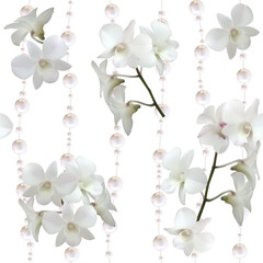 Flowers. Floral background. Pearls. Seamless pattern. White orchids. Tropical plants.