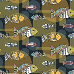 A pattern with fish and geometric shapes.Vector graphics