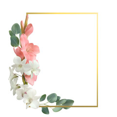 Flowers. Floral background. Gladiolus. White orchids. Green leaves. Bouquet. Gold square frame.