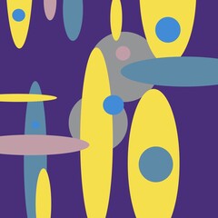 Abstract illustration with use of ovals, circles, yellow, purple, blue and pink colors