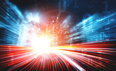 Digital data flow on road with motion blur to create vision of fast speed transfer . Concept of...