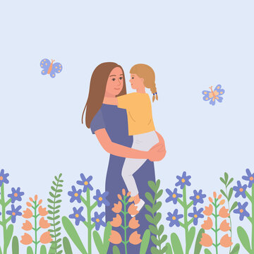 A mother holds her little daughter in her arms. A young woman embraces a child surrounded by flowers. Mothers Day greeting card template.