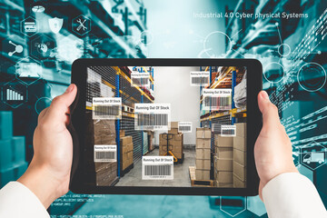 Smart warehouse management system using augmented reality technology to identify package picking and delivery . Future concept of supply chain and logistic business .