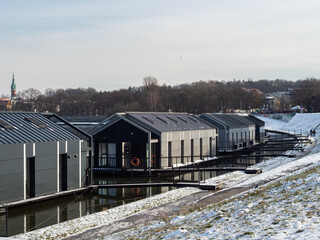 Naklejka premium Poland Cracow - boat hotel at the banks of Vistula River, closed due to pandemic of Covid-19