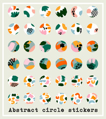 Abstract bright round sticker or stories cover. Set of 36 circle designs with different shapes