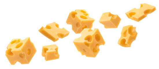 Cheese cubes, pieces of swiss emmental isolated on white background