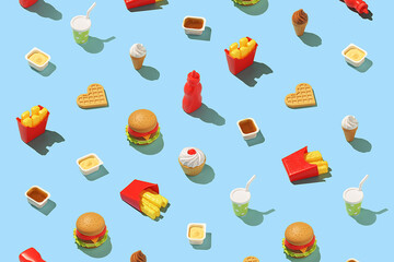 Creative fast food concept. Seamless fast food pattern on a bright blue background.