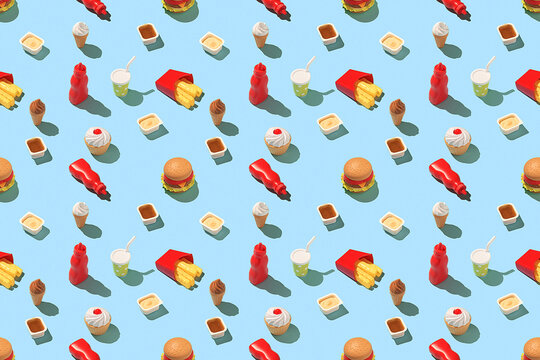 Creative fast food concept. Seamless fast food pattern on a bright blue background.