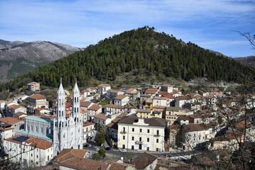 Panoramic view of Montesano sulla Marcellana, a town in the mountains in the province of Salerno,...