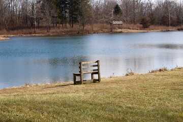 The wood bench at the lake in the park on a sunny day.