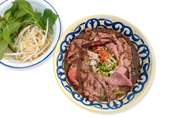 Noodles with Wagyu beef, Thai style. Thai peoples call Boat Noodles, asian food. Top view