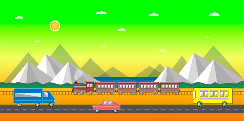 Railway. Cars and landscape. Traveling Transport. Pattern Using All Kinds Of Transport. Image For Kids Room Decoration, Poster, Postcards. Time to Travel.
