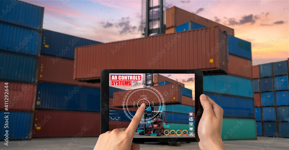 Aufkleber engineer use augmented reality software in cargo container yard with automated application . futuris