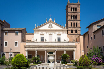 Courtyard and facade of Santa Cecilia in Trastevere Basilica. Rome, Italy.
