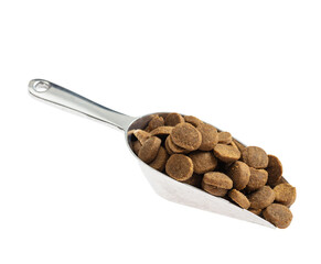 Pet food concept. Scoop with pet food, cut out and isolated on white background.