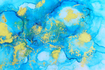 Fototapeta na wymiar art photography of abstract fluid art painting with alcohol ink, blue and gold colors