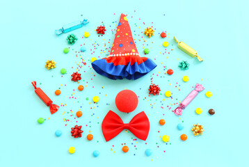 Party colorful image over blue background . Top view, flat lay
