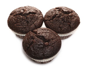 Chocolate muffin isolated on white background, top view