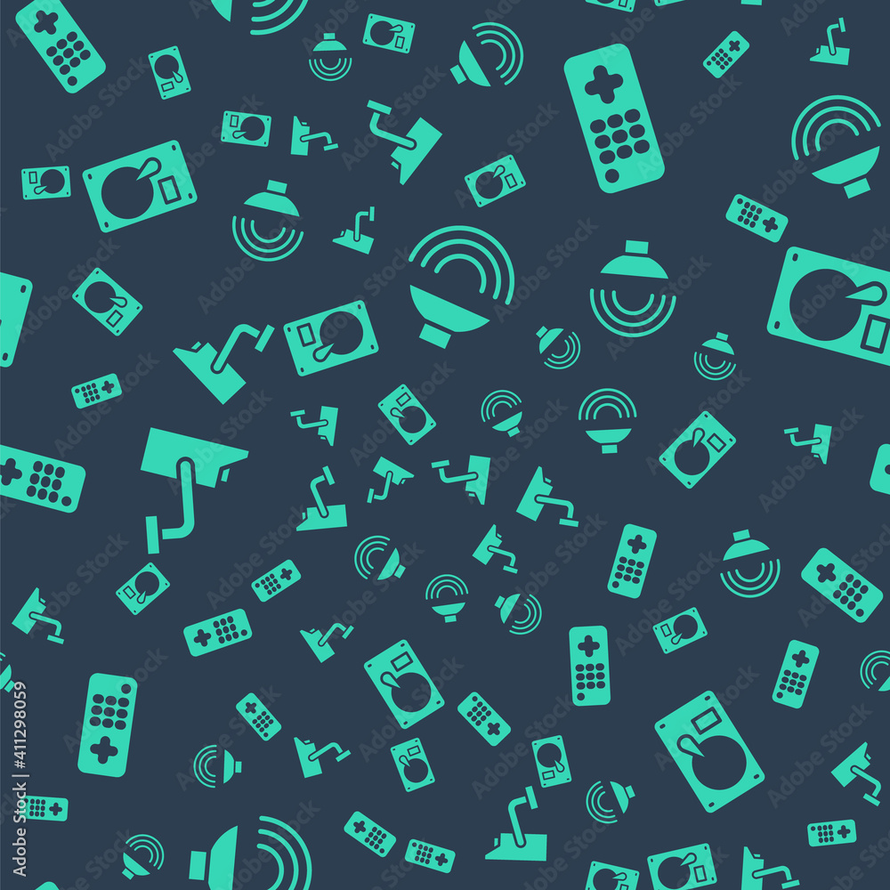 Aufkleber set speaker volume, remote control, security camera and hard disk drive hdd on seamless pattern. vec