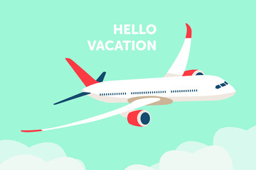 Airplane in the sky. The plane is flying between the clouds. Flat illustration