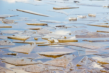 Ice drift on a river with blue water. White snow broken ice full of hummocks in it and sun reflection in sunny spring day.  Ice background. Landscape of the river bound by ice. Drifting movement ice.