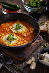 Turkish Scrambled Eggs with Tomatoes and Peppers in a frying pan on wooden table close-up