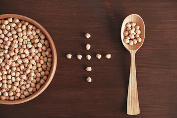Dry chickpeas in a wooden plate and spoon on a brown wooden background. Top view. Copy, empty space for text