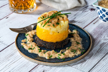 Haggis, neeps and tatties dish
