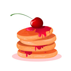 Juicy pancakes drizzled with jam and garnished with cherries. Vector Illustration of Pancakes with Maple Syrup and Butter