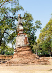 Inclined damaged chedi in Ayutthaya Historical Park, Thailand