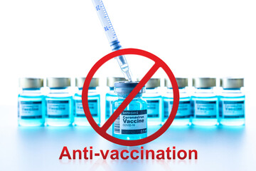 Anti-vaxxers. Anti Covid vaccine isolated on white. Red forbidden sign with Medical syringe, needle...