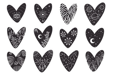 Vector hand drawn hearts collection with celestial and bohemian elements: moon, stars, branches, dream catcher for decoration. Mystery symbols.