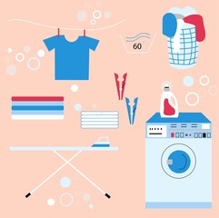 Set of laundry, icon watching machine, washer. Flat vector illustration. 