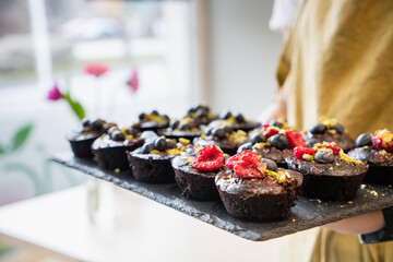 Chocolate muffins on a tray