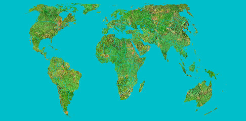 World map with textures of green moss and grass. Atlas of the world on a blue background. Borders...