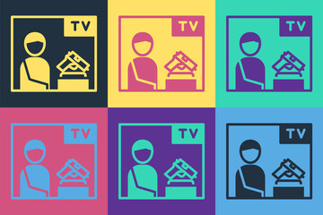 Pop art Television advertising weapon icon isolated on color background. Police or military handgun. Small firearm. Vector.