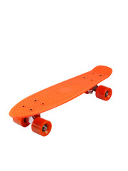 Orange cruiser longboard skateboard plastboard with orange wheels isolated on white background, front view © Владислав Винокуров