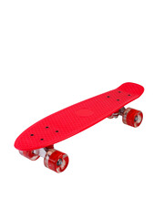 Red cruiser longboard skateboard plastboard with red wheels isolated on white background, front view © Владислав Винокуров