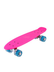 Pink cruiser longboard skateboard plastboard with blue wheels isolated on white background, front view