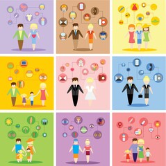 Fototapeta premium Business concept flat icons set of family, health, career and vacation infographic design elements