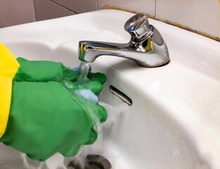 Escurriendo trapo en lavabo