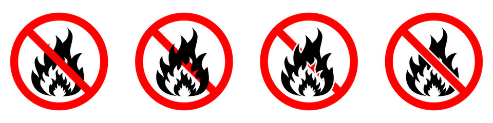 Make a fire is prohibited. No fire icons set. Red ban of flame signs. Vector illustration.