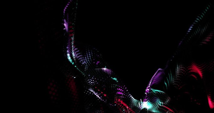 Abstract multicolored string of light in black background. Bright particles in row with luminous effects. Ray of lights pulsating in dark backdrop