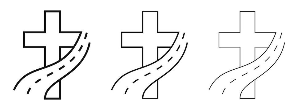 Christian Cross Icon With Road Icon. Vector Christian Cross Icons Set